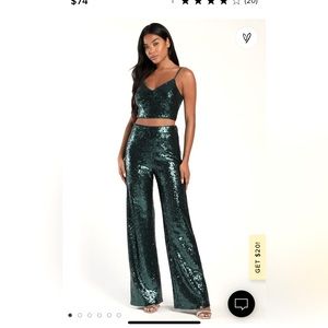 Twice the Glam Teal Green Sequin Lace-Up Two-Piece Jumpsuit